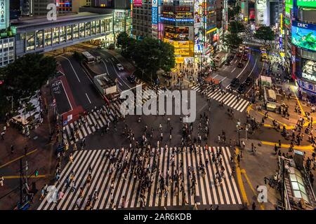 Vue aérienne de nuit sur le croisement de Shibuya, l'un des plus bondés de croix dans le monde. Tokyo, Japon, Août 2019 Banque D'Images