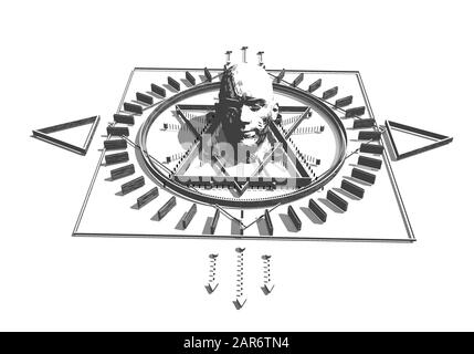 Mystère animé, sorcellerie, occulte et signe alchimie. La géométrie gothique mystique vintage symbole de fines lignes autour de la tête humaine. Rendu tridimensionnel Banque D'Images