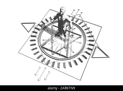 Mystère animé, sorcellerie, occulte et signe alchimie. La géométrie gothique mystique vintage symbole de fines lignes autour de l'homme d'affaires. Rendu tridimensionnel Banque D'Images