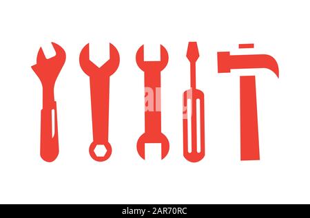 Tournevis Clé Et Icône Rouge De La Ligne De Marteau Sur Fond Blanc. Illustration Vectorielle De Style Plat Rouge. Banque D'Images