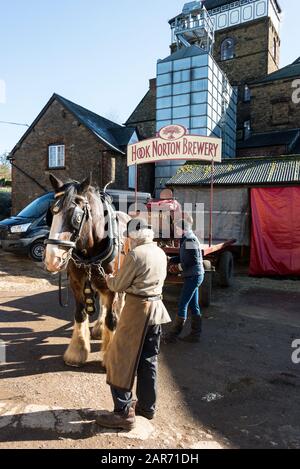 Drayman, Roger Hughes et Erzsebet Csak, un assistant de livraison de dray dans la cour avant de partir à la famille des Crochets de La brasserie Norton fondée dans Banque D'Images