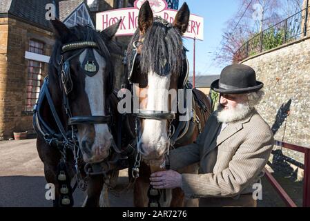 C'est une coutume comme Drayman, Roger Hughes donne à la paire de chevaux Shire de partager une pinte de bière avant de faire une livraison locale à la famille Hook Banque D'Images