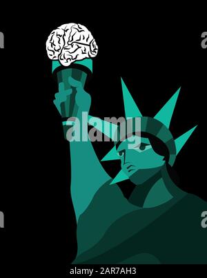 illustration de la statue de la liberté avec une torche avec un cerveau comme une flamme Banque D'Images