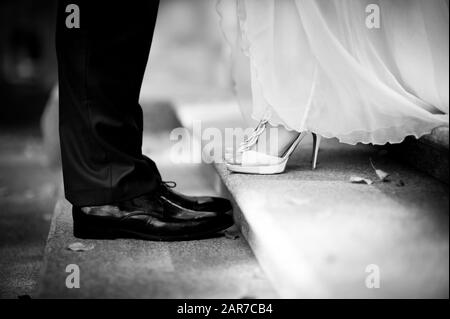 la mariée et le marié se tiennent face sur les marches, dans le cadre seulement les jambes, autour sont des feuilles d'automne tombés. noir et blanc. gros plan Banque D'Images