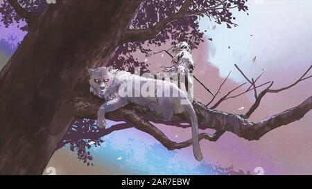 petite fille avec une lance magique debout près de son tigre sur un grand arbre, style d'art numérique, peinture d'illustration Banque D'Images