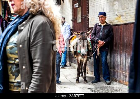 Fes, Maroc - 21,04, 2019: Les gens marchent dans la rue du bazar de marché en plein air à Fez. Magasins traditionnels nord-africains, avec stuf artisanal Banque D'Images