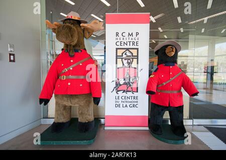 Orignal et ours farcis et vêtus comme étant la Canadian Mountie, Centre du patrimoine de la Gendarmerie royale du Canada (GRC), Regina (Saskatchewan), Canada Banque D'Images