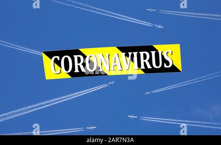 Beaucoup d'avions de passagers volent dans l'air, le nouveau coronavirus (2019-nCoV) répandant le monde entre le concept de personnes. Banque D'Images