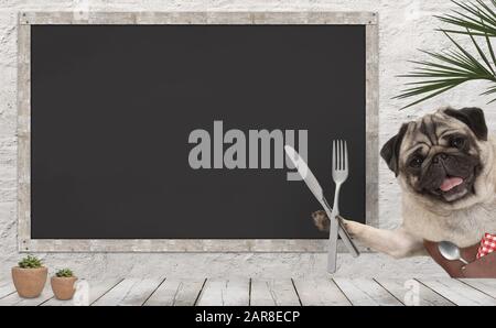 chien chiot à la purée d'ail avec tablier en cuir et couverts dans le restaurant, avec planche à menu vierge et comptoir en bois Banque D'Images