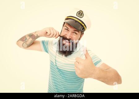 Fier de sa moustache. Marin heureux moustache twirl. Homme barbu avec moustache donner Thumbs up. Moustache masculine fabuleux style. Esprit d'aventure. Banque D'Images