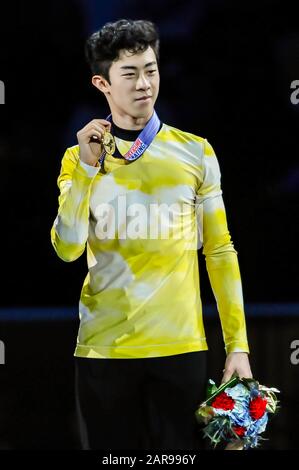 Greensboro, Caroline Du Nord, États-Unis. 26 janvier 2020. Nathan CHEN, de Salt Lake City, a remporté son quatrième titre national américain lors du championnat de patinage artistique américain Toyota 2020 au Greensboro Coliseum. Les Championnats américains servent de compétition de qualification finale avant que le patinage artistique américain ne nomme l'équipe mondiale de patinage artistique 2020 et l'équipe de patinage artistique 2020 Des Quatre Continents. Crédit: Timothy L. Hale/Zuma Wire/Alay Live News Banque D'Images