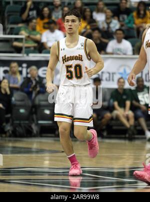 25 janvier 2020 - Hawaii Rainbow Warriors garde Kameron Ng (50) lors d'un match entre les Hawaii Rainbow Warriors et les UC Davis Aggies au Stan Sheriff Centre à Honolulu, HI - Michael Sullivan/CSM Banque D'Images