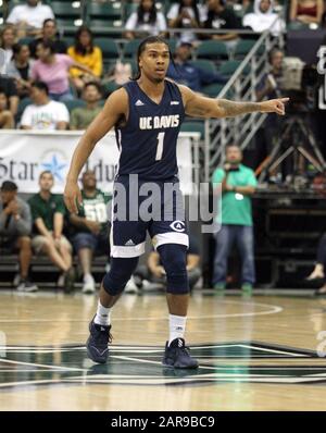 25 janvier 2020 - UC Davis Aggies garde Damion Squire (1) lors d'un match entre les Hawaii Rainbow Warriors et les UC Davis Aggies au Stan Sheriff Centre à Honolulu, HI - Michael Sullivan/CSM Banque D'Images