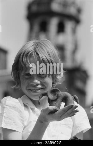 VKF; Holiday Children's Party dans le centre-ville d'Oude Stadt. Modélisation des enfants. Fille de 11 ans avec éléphant Date: 31 juillet 1961 lieu: Amsterdam mots clés: Enfants, portraits, camps de vacances Banque D'Images