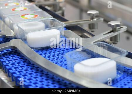 Produits alimentaires de ticket de transfert sur les systèmes de convoyage automatisés pour l'automatisation industrielle Banque D'Images