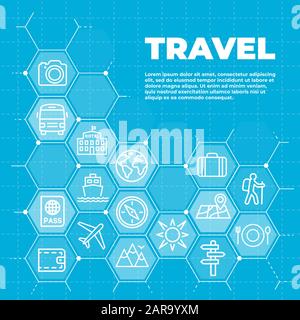 Voyage et tourisme fond bleu avec icônes et signes Illustration de Vecteur