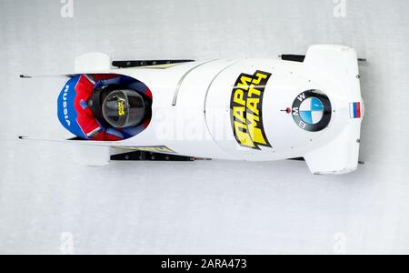 25 janvier 2020, Bavière, Schönau Am Königssee: Deux-man bobsleigh, hommes, artificiellement glacé piste à Königssee: Dmitriy Popov et Andrey Lylov de Russie en action. Photo: Sven Hoppe/Dpa Banque D'Images