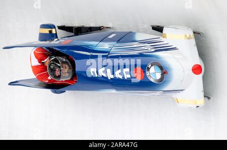 25 janvier 2020, Bavière, Schönau Am Königssee: Deux-man bobsleigh, hommes, artificiellement glacé piste à Koenigssee: Ryo Shinohara et Yoshiki Kaneko du Japon en action. Photo: Sven Hoppe/Dpa Banque D'Images