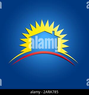 Signe vectoriel soleil et maison sur fond bleu Illustration de Vecteur