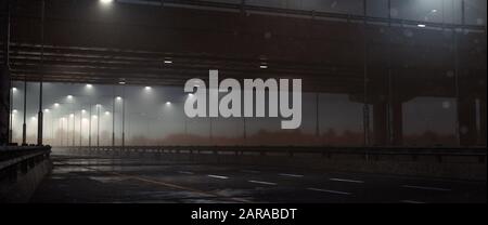 L'autoroute sous le pont de nuit à l'horizon. Banque D'Images