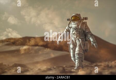 Brave astronaute a marché en toute confiance sur Mars surface - illustration tridimensionnelle Banque D'Images