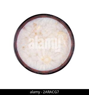 assiette avec gelée de viande de volaille, de boeuf et de porc aspic avec une couche de graisse, vue de dessus rapprochée isolée sur un fond blanc Banque D'Images