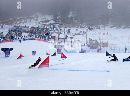 Snowboard parallèle slalom concurrents sur la course en descente vers la ligne d'arrivée, COUPE DU MONDE 2020. Rogla, Slovénie. Banque D'Images