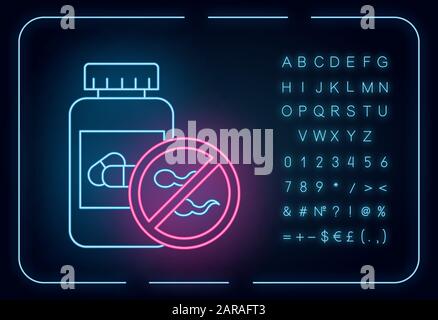 Icône de néon de contrôle des naissances. Contraceptif oral féminin. Prévention de grossesse non désirée. Aide au syndrome prémenstruel. Signe lumineux avec alphabet, numbe Illustration de Vecteur