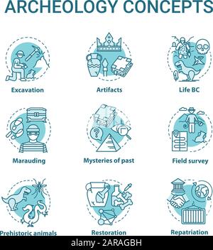 Ensemble d'icônes de concept Archelogy. Étudier l'histoire des artefacts anciens. Les excavations, la conservation des valeurs sont des illustrations couleur RVB à ligne mince. Ve Illustration de Vecteur
