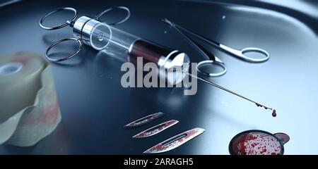 Concept d'équipement chirurgical avec seringue de scalpel à sang rempli pince ciseaux dans un stérilisateur métallique. Banque D'Images