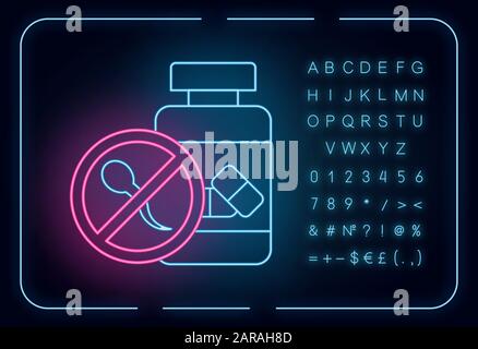 Icône de néon de contrôle des naissances. Contraceptif oral. Soins de santé pour femmes. Prévention de grossesse non prévue. Médicaments, pilules. Signe lumineux avec alphabet, Illustration de Vecteur