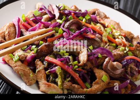 Porc savoureux moo shu avec mélange de chou et champignons dans une assiette sur la table. Horizontale Banque D'Images