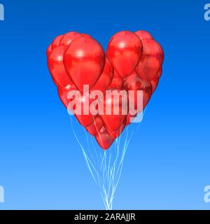 Ballons rouges en forme de coeur contre un ciel bleu. Amour, Saint Valentin Banque D'Images