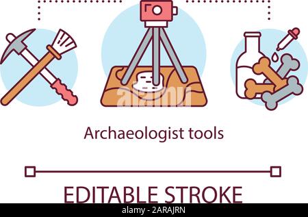 Icône de concept d'outils archéologiques. Expédition archéologique. Excavation et analyse en laboratoire. Illustration de l'équipement de chasseur de trésors. Illustration de Vecteur