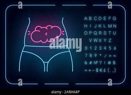 Icône de lumière fluo gonflée. Douleurs abdominales prémenstruelles. Maux d'estomac et inconfort. Flatulence et gaz. Signe lumineux avec alphabet, chiffres et symbo Illustration de Vecteur