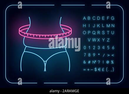 Icône de changement de poids du néon. Mesure du corps de la femme en surpoids. Cellulite sur les cuisses. Symptôme du syndrome prémenstruel. Signe lumineux avec alphabet, nu Illustration de Vecteur