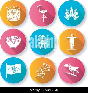 Culture brésilienne conception plate long ombre glyphe icônes ensemble. Mascarade traditionnelle. Flamingo. Statue de Jésus. Chapeau de Carnaval. Samba. Fête ethnique. Natio Illustration de Vecteur