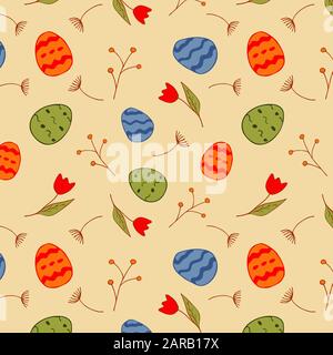 Motif sans couture avec œufs de pâques et brindilles de fleurs différentes. Joyeuses Pâques. Illustration colorée. Convient pour l'emballage du papier, du tissu, de l'impression Illustration de Vecteur