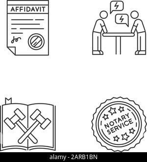 Ensemble d'icônes linéaires Perfect pixel de services de notaire. Affidavit. Code juridique. Négociation. Argument. Conflit. Symboles de contour de ligne mince personnalisables. Isolat Illustration de Vecteur