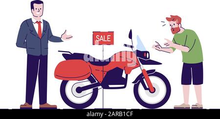 Homme achetant une moto en vente illustration de gribouille plate. Tourisme achetant le transport local. Vendeur vendant moto. Indonésie tourisme 2 D dessin animé c Illustration de Vecteur
