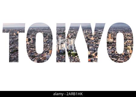 Tokyo, Japon - signe du nom de la ville avec photo en arrière-plan. Isolé sur blanc. Banque D'Images