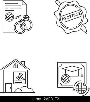 Ensemble d'icônes linéaires Perfect pixel de services de notaire. Divorce. Diplôme. Litiges immobiliers. Joint de cire. Symboles de contour de ligne mince personnalisables. Isolé v Illustration de Vecteur