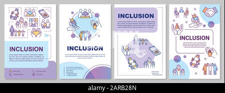 Modèle de brochure d'inclusion. Aide aux personnes handicapées. Socialisation, éducation. Brochure, livret, impression de brochure, couverture avec icônes linéaires. Mises en page vectorielles pour Illustration de Vecteur