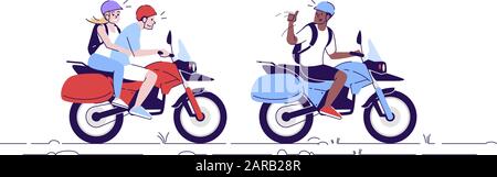 Sur les motos, illustration de gribouille plate. Les touristes à vélo. Couple utilisant le transport local avec guide. Indonésie tourisme 2-D personnage de dessin animé Illustration de Vecteur