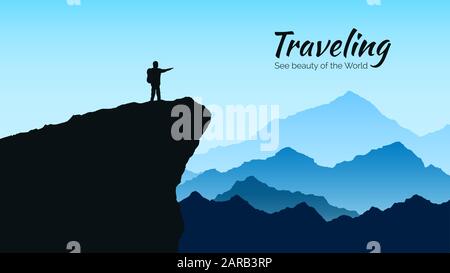 Montagnes paysage en bleu. Silhouette de l'homme sur le rocher sur fond de montagnes. Concept de voyage et de tourisme. Illustration vectorielle Illustration de Vecteur