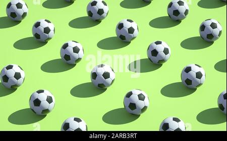 Plusieurs ballons de football sur un fond coloré - éclairage tridimensionnel Banque D'Images