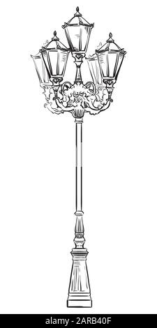 Ancienne lampe de rue de style classique avec éléments décoratifs. Illustration du dessin vectoriel en couleur noire isolée sur fond blanc Illustration de Vecteur