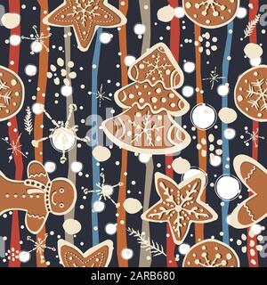 Motif d'hiver sans couture avec hand drawn gingerbread cookies et funny doodles d'hiver. Conception délicate. Vector Illustration. Illustration de Vecteur