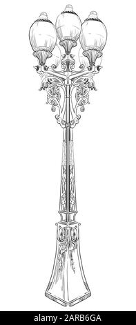 Ancienne lanterne de rue de style classique avec éléments décoratifs torsadés. Illustration du dessin vectoriel en couleur noire isolée sur fond blanc Illustration de Vecteur