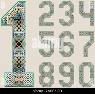 Ensemble vectoriel coloré de nombres dans le style Palace of Alhambra. Décoration géométrique mauresque. Illustration de Vecteur